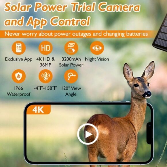 WiFi Trail Camera Solar Powered Camera 4K HD Video Hunting for Wildlife Monitori - Picture 8 of 10